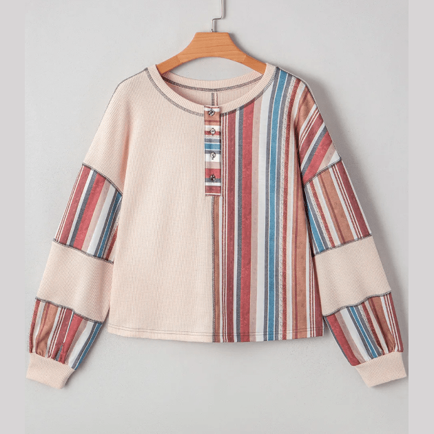 Bernadette Beige Striped Waffle Patchwork Exposed Seam Raw Edge Casual Knit Top