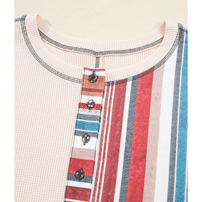 Bernadette Beige Striped Waffle Patchwork Exposed Seam Raw Edge Casual Knit Top