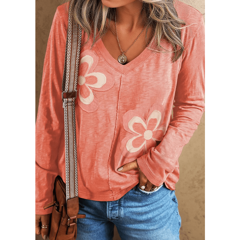 Crystal Fresh Salmon Floral Patchwork V Neck Long Sleeve T Shirt