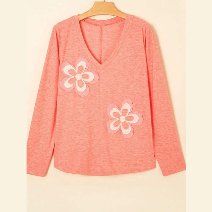 Crystal Fresh Salmon Floral Patchwork V Neck Long Sleeve T Shirt