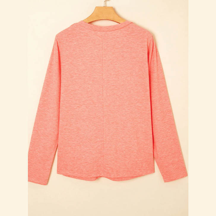 Crystal Fresh Salmon Floral Patchwork V Neck Long Sleeve T Shirt