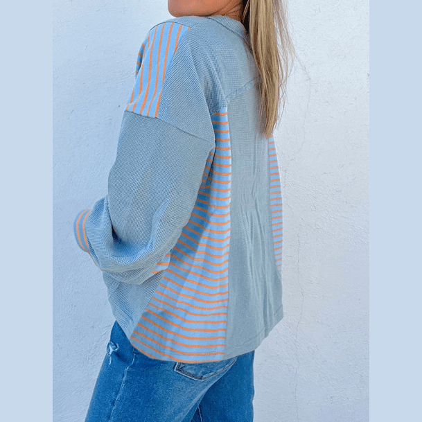 Celeste Dusk Blue Exposed Seam Waffle Striped Patchwork Baggy Pullover