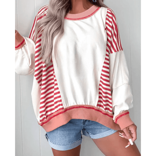 Mabry Red Stripe Colorblock Patchwork Contrast Stitching Oversize Sweatshirt