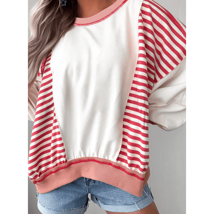 Mabry Red Stripe Colorblock Patchwork Contrast Stitching Oversize Sweatshirt