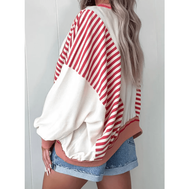 Mabry Red Stripe Colorblock Patchwork Contrast Stitching Oversize Sweatshirt
