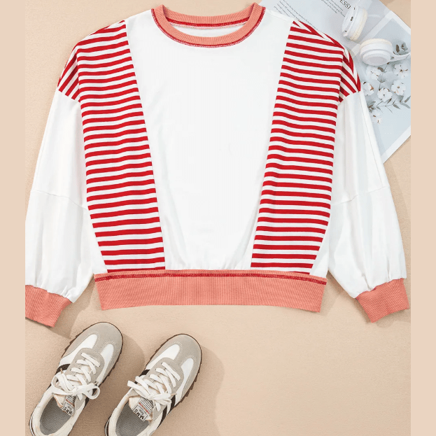 Mabry Red Stripe Colorblock Patchwork Contrast Stitching Oversize Sweatshirt