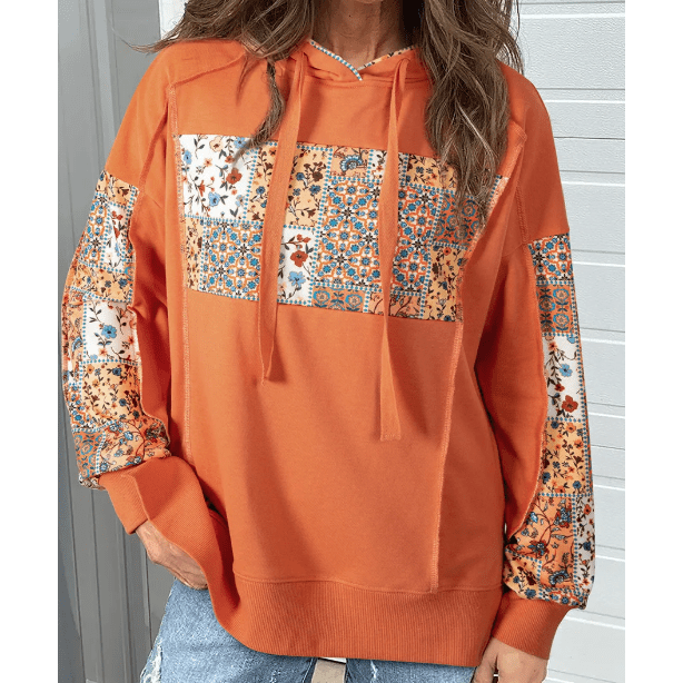 Loryn Mix Floral Patchwork Side Slit Drawstring Hoodie