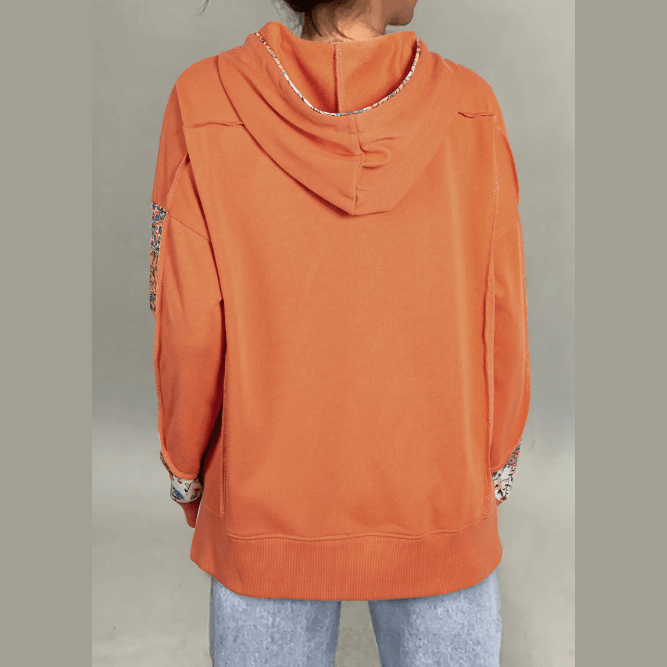 Loryn Mix Floral Patchwork Side Slit Drawstring Hoodie