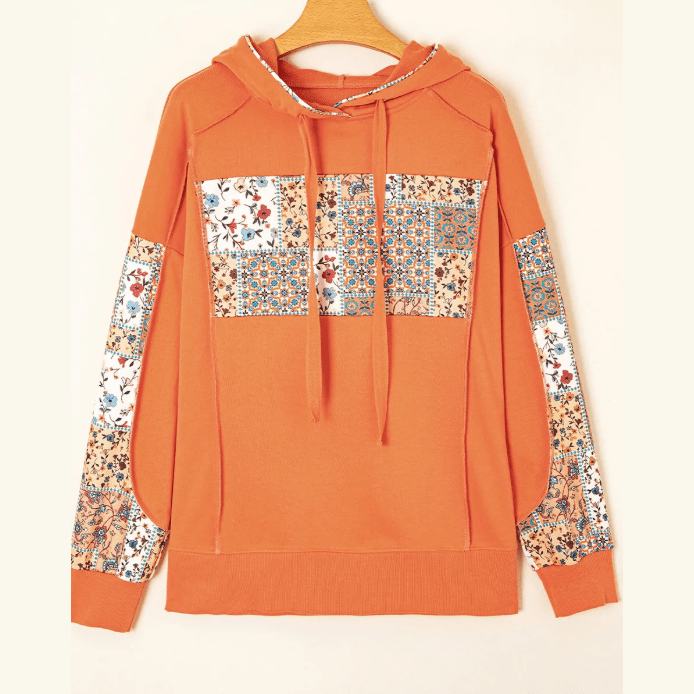 Loryn Mix Floral Patchwork Side Slit Drawstring Hoodie