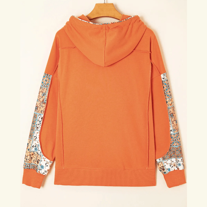 Loryn Mix Floral Patchwork Side Slit Drawstring Hoodie