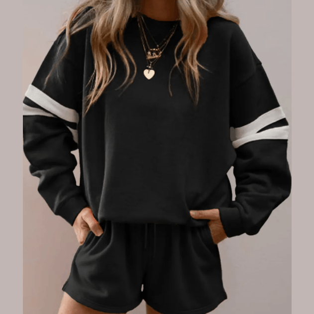 Black Varsity Striped Sleeve Drop Shoulder Sweatshirt and Short Set