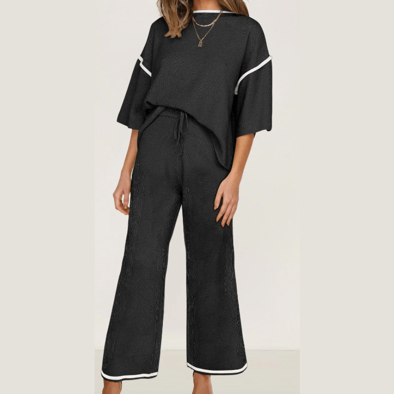 Tatina Black Contrast Trim Half Sleeve Top Drawstring Pants Loose 2pcs Sweater Suit