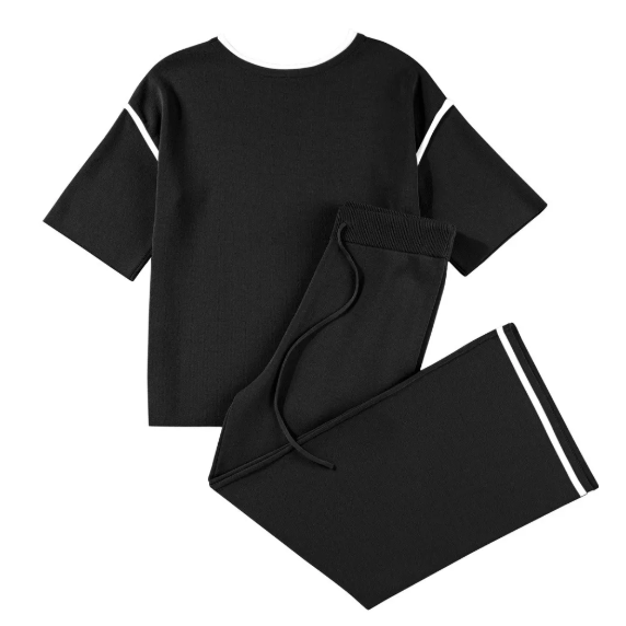 Tatina Black Contrast Trim Half Sleeve Top Drawstring Pants Loose 2pcs Sweater Suit
