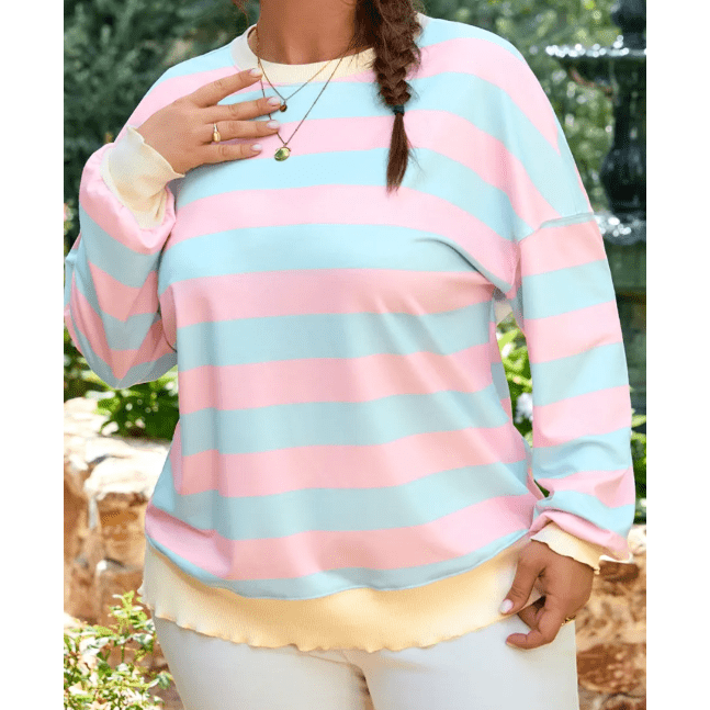 Ashton Sky Blue Stripe Drop Shoulder Crewneck PLUS SIZE Sweatshirt