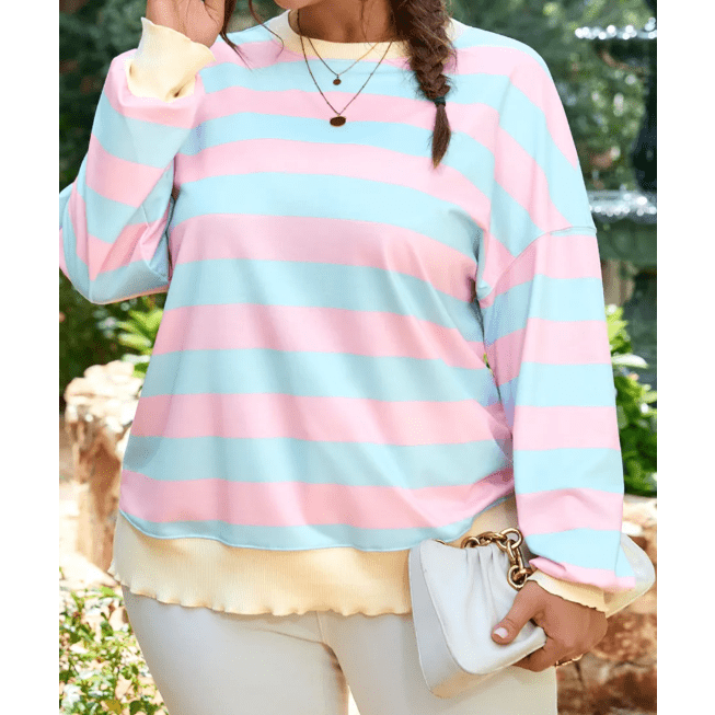 Ashton Sky Blue Stripe Drop Shoulder Crewneck PLUS SIZE Sweatshirt