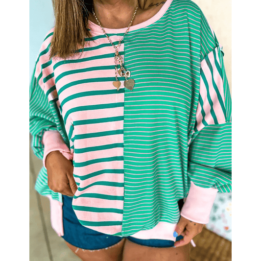 Lue Green Stripe Color Block Exposed Seam Side Slit PLUS SIZE Sweatshirt