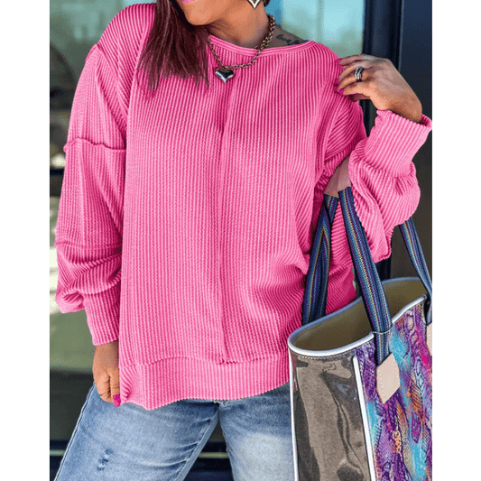 Misty Spiral Ribbed Exposed Seam Detail PLUS SIZE Long Sleeve Top