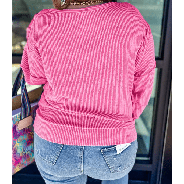 Misty Spiral Ribbed Exposed Seam Detail PLUS SIZE Long Sleeve Top