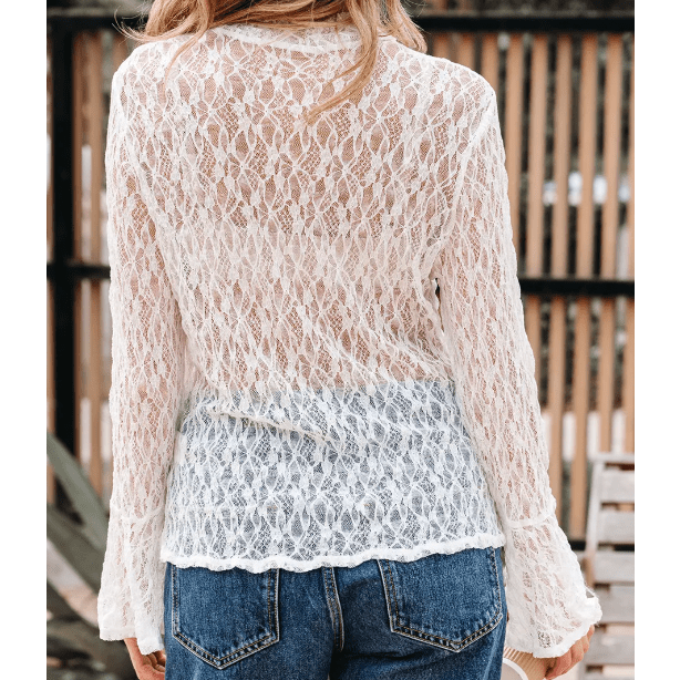Donna White Sheer Lace Bell Sleeve Mock Neck Blouse