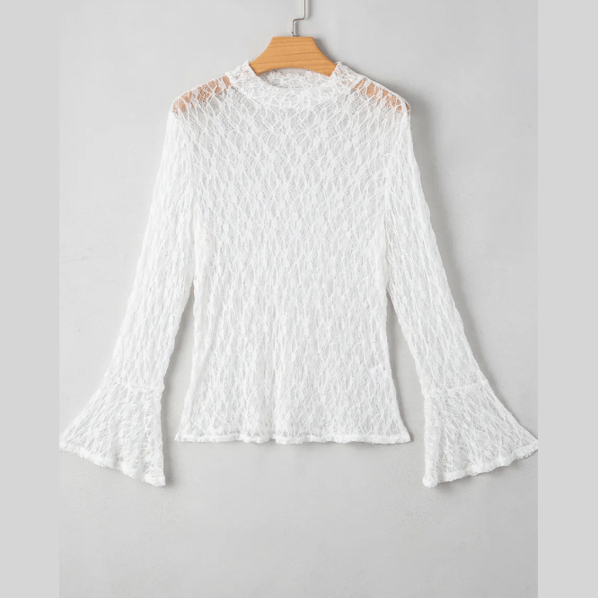 Donna White Sheer Lace Bell Sleeve Mock Neck Blouse