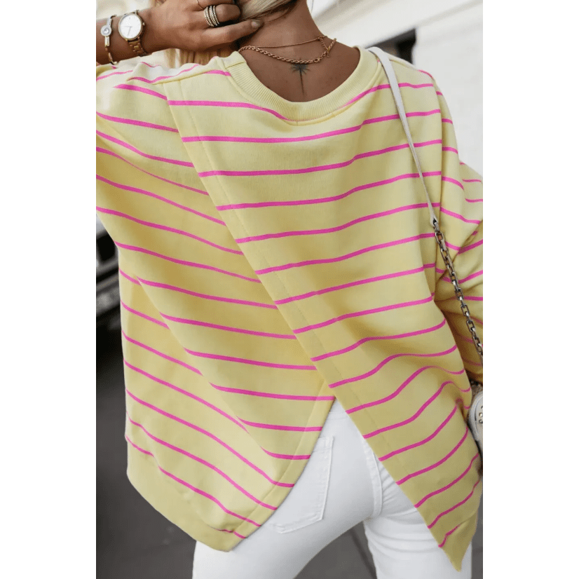 Evelyn Yellow Stripe Overlap Detail Drop Shoulder Pullover Sweatshirt