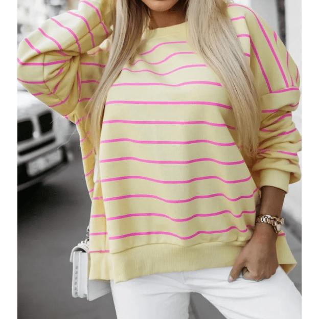 Evelyn Yellow Stripe Overlap Detail Drop Shoulder Pullover Sweatshirt