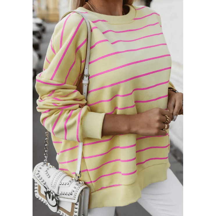 Evelyn Yellow Stripe Overlap Detail Drop Shoulder Pullover Sweatshirt
