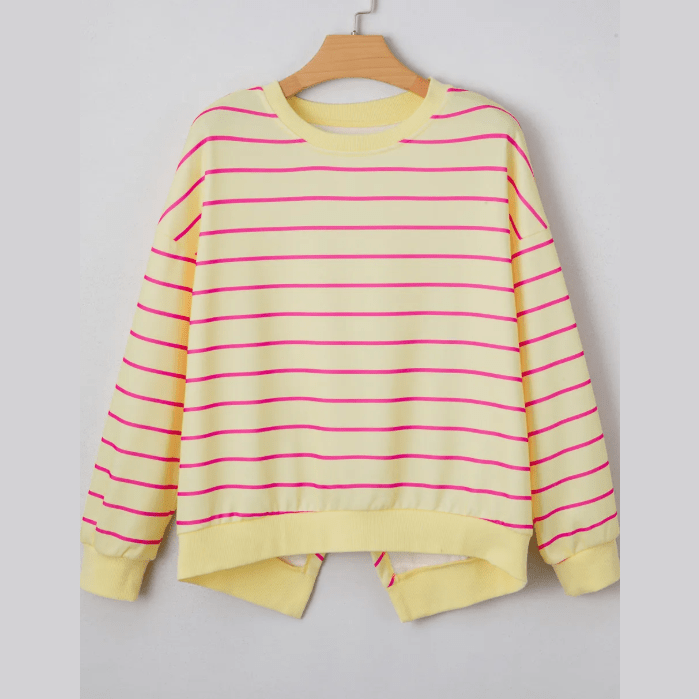 Evelyn Yellow Stripe Overlap Detail Drop Shoulder Pullover Sweatshirt