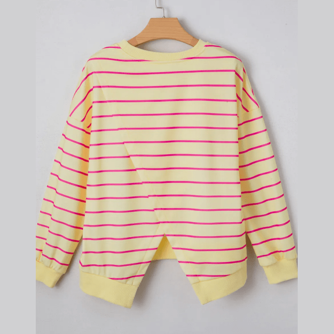 Evelyn Yellow Stripe Overlap Detail Drop Shoulder Pullover Sweatshirt