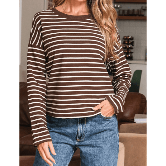 Gena Brown Stripe Ribbed Cropped Crew Neck Long Sleeve T Shirt