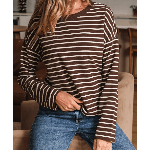 Gena Brown Stripe Ribbed Cropped Crew Neck Long Sleeve T Shirt
