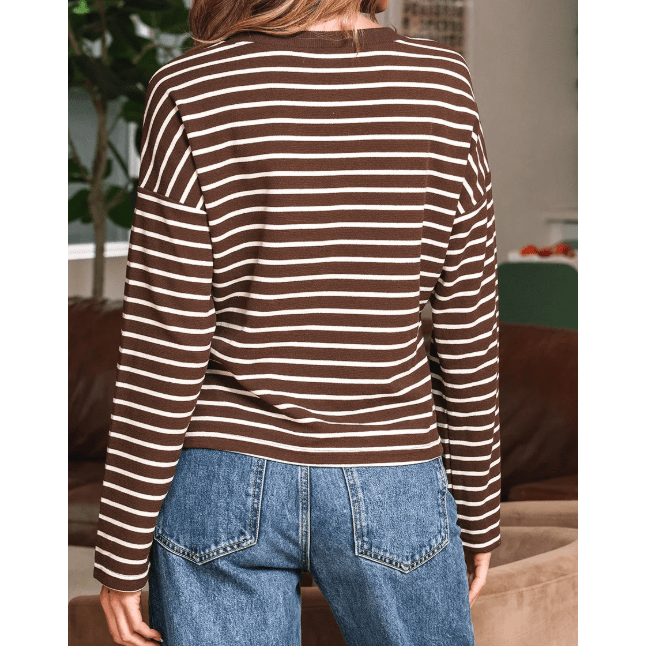 Gena Brown Stripe Ribbed Cropped Crew Neck Long Sleeve T Shirt