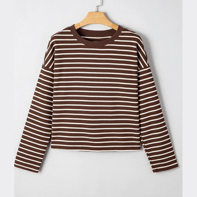 Gena Brown Stripe Ribbed Cropped Crew Neck Long Sleeve T Shirt
