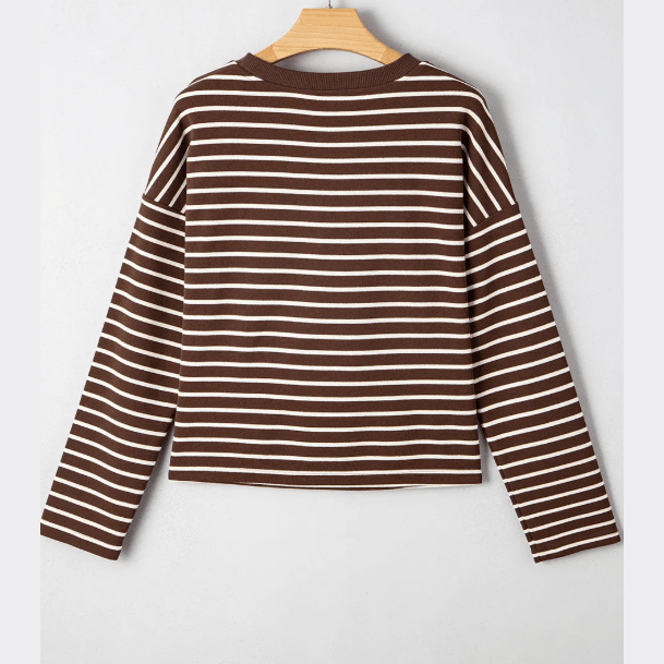 Gena Brown Stripe Ribbed Cropped Crew Neck Long Sleeve T Shirt