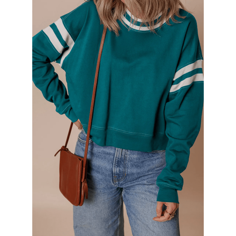 Elliott Green Contrast Striped Patchwork Round Neck Drop Shoulder Sweatshirt