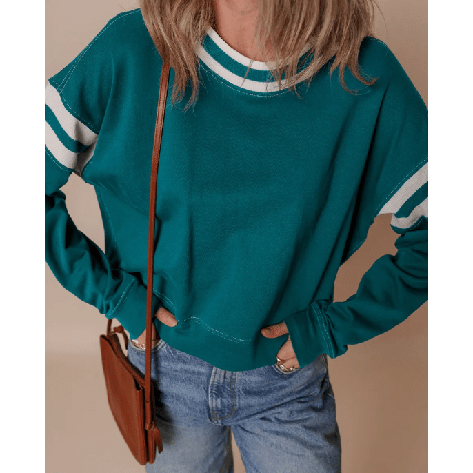 Elliott Green Contrast Striped Patchwork Round Neck Drop Shoulder Sweatshirt