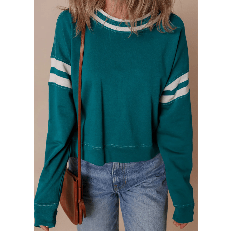 Elliott Green Contrast Striped Patchwork Round Neck Drop Shoulder Sweatshirt