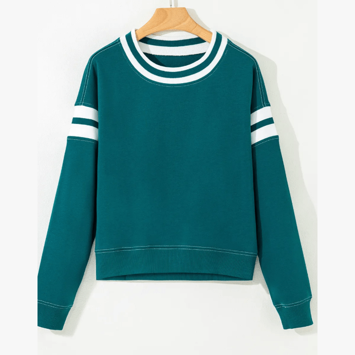Elliott Green Contrast Striped Patchwork Round Neck Drop Shoulder Sweatshirt