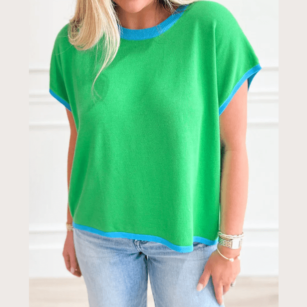 Grayson Green Contrast Trim Round Neck Short Sleeve Loose Knit Sweater