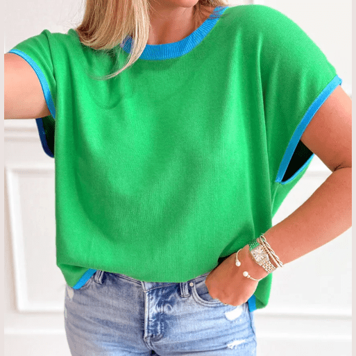 Grayson Green Contrast Trim Round Neck Short Sleeve Loose Knit Sweater
