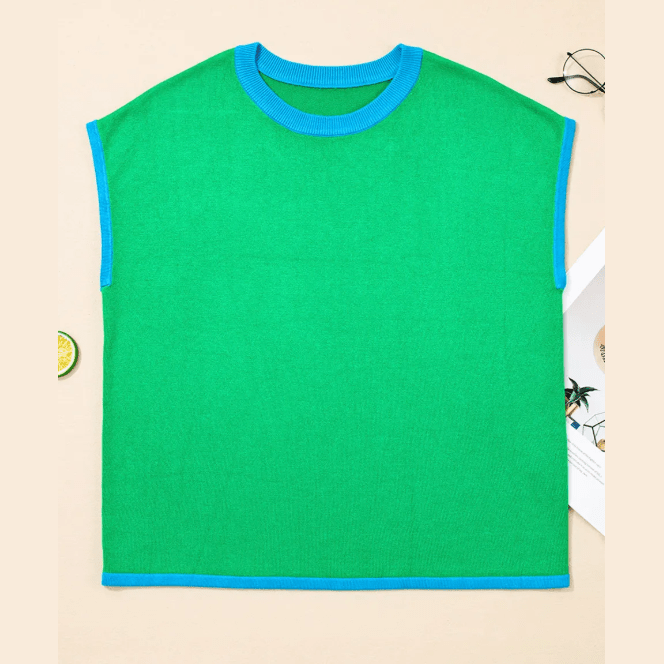 Grayson Green Contrast Trim Round Neck Short Sleeve Loose Knit Sweater