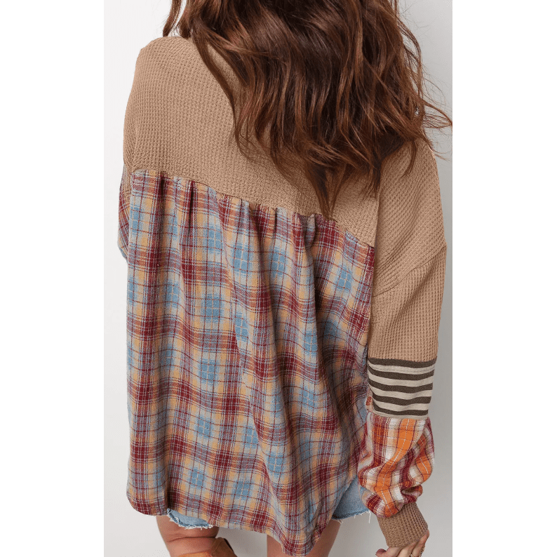 Jenny Khaki Waffle Stripe Plaid Patchwork Henley Knit Top