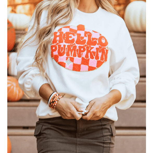 White Terry Halloween Pumpkin Patched Pattern Pullover Sweatshirt
