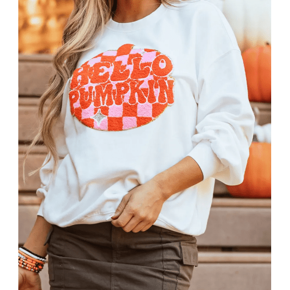 White Terry Halloween Pumpkin Patched Pattern Pullover Sweatshirt