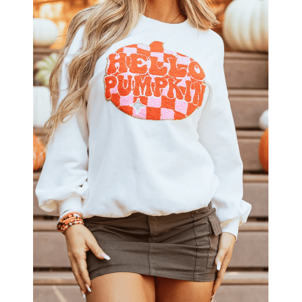 White Terry Halloween Pumpkin Patched Pattern Pullover Sweatshirt