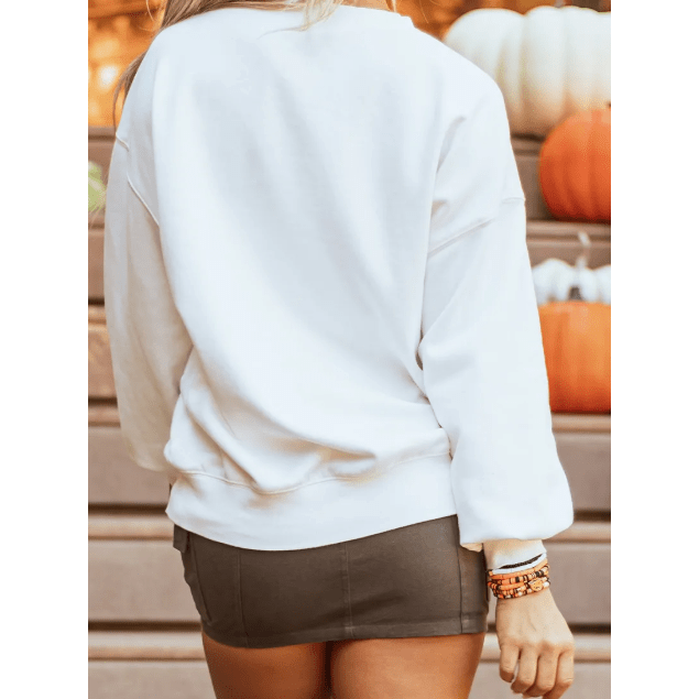 White Terry Halloween Pumpkin Patched Pattern Pullover Sweatshirt