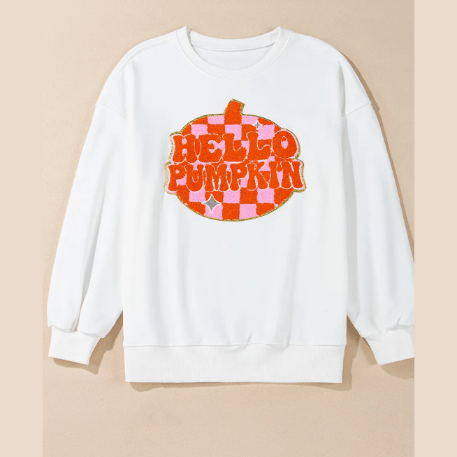 White Terry Halloween Pumpkin Patched Pattern Pullover Sweatshirt