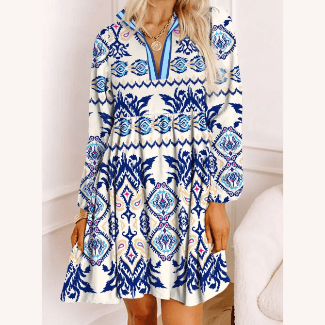 Myra Blue Ethnic Print Striped Split Neck Long Sleeve Flowy Mini Dress