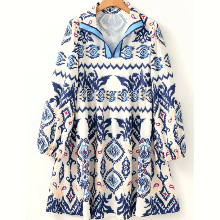 Myra Blue Ethnic Print Striped Split Neck Long Sleeve Flowy Mini Dress