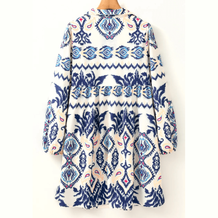 Myra Blue Ethnic Print Striped Split Neck Long Sleeve Flowy Mini Dress